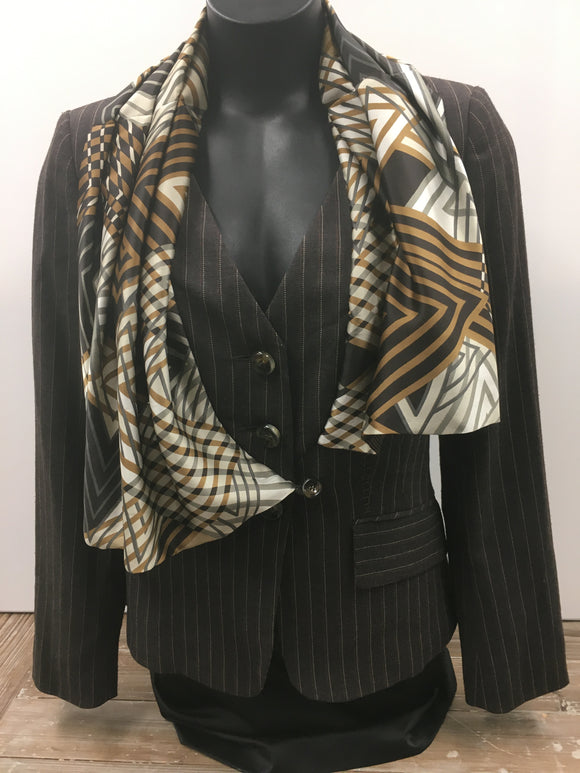 Italian Brown Pin Striped Jacket With Scarf  Size 10 Pre -owned